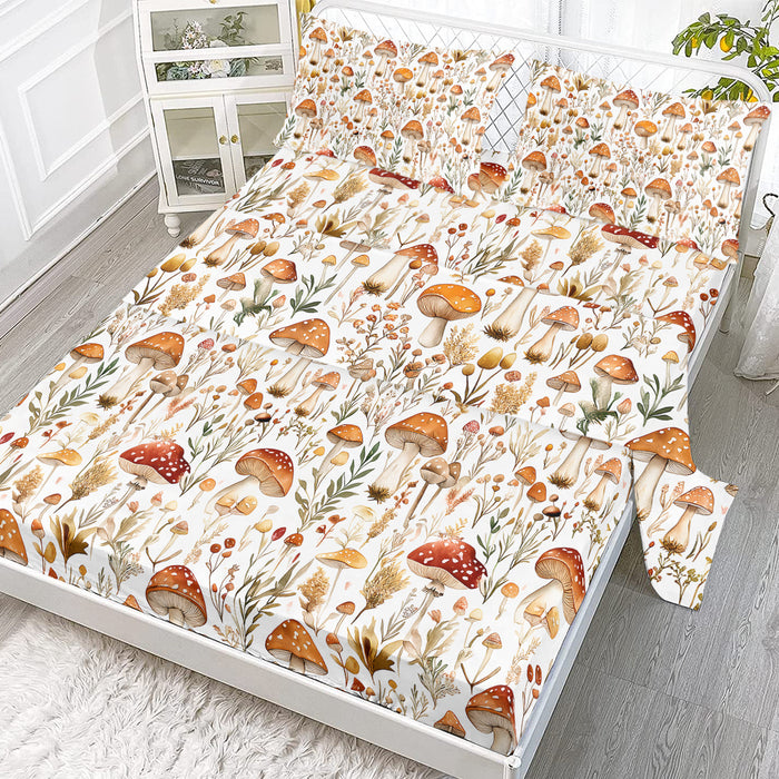 4 Pcs Of Forest Mushroom Natural Style Printed Series Beds, 1 Bedsheet, 1 Bed Sheet, And 2 Pillowcases Bedding, Suitable For All Seasons