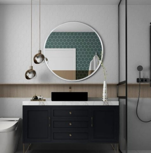 32" Black Metal Framed Round Bathroom Mirror – Modern Elegance