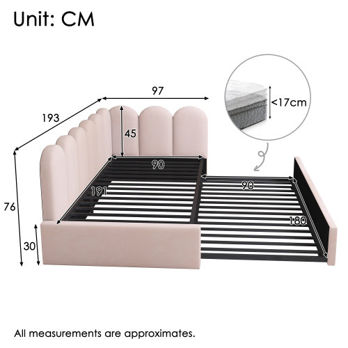Upholstered Bed Daybed With Pull-Out Bed, 3FT Single Sofa Bed 90X190Cm,Guest Beds For Adults And Children, Bed With Metal Slatted Frame, Velvet, Pink No Mattress