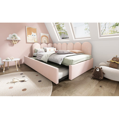 Upholstered Bed Daybed With Pull-Out Bed, 3FT Single Sofa Bed 90X190Cm,Guest Beds For Adults And Children, Bed With Metal Slatted Frame, Velvet, Pink No Mattress