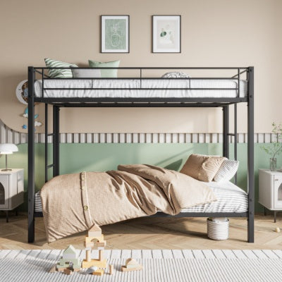Metal Bunk Bed Twin Over Twin, Heavy Duty Twin Bunk Beds With Shelf And Slatted Support No Box Spring Needed Black
