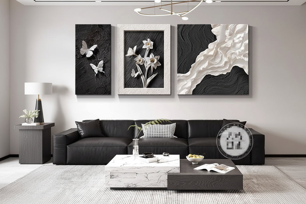 Modern Minimalist Black White And Gray Abstract Painting For Living Room Decor A Contemporary Tri Tone Wall Art