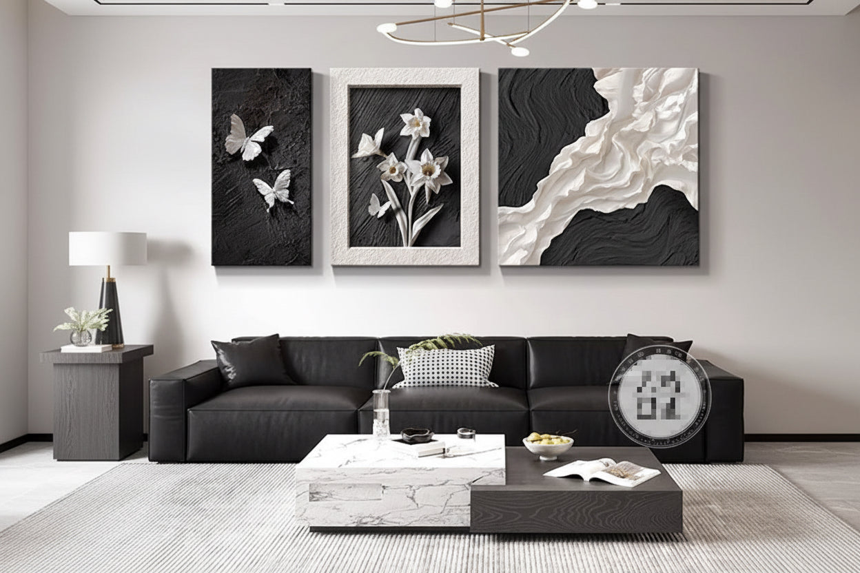 Modern Minimalist Black White And Gray Abstract Painting For Living Room Decor A Contemporary Tri Tone Wall Art