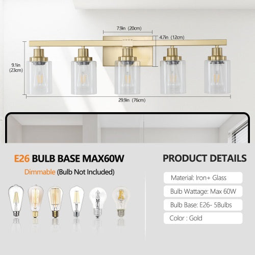 Gold 5 Light Vanity Light With Clear Glass Shade, Modern Iron Bathroom Wall Fixture For Bathroom & Dresser - No Bulbs Unavailable Platform- Temu