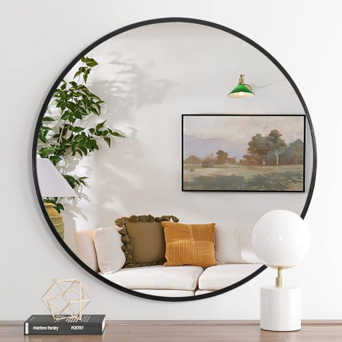 32" Black Metal Framed Round Bathroom Mirror – Modern Elegance
