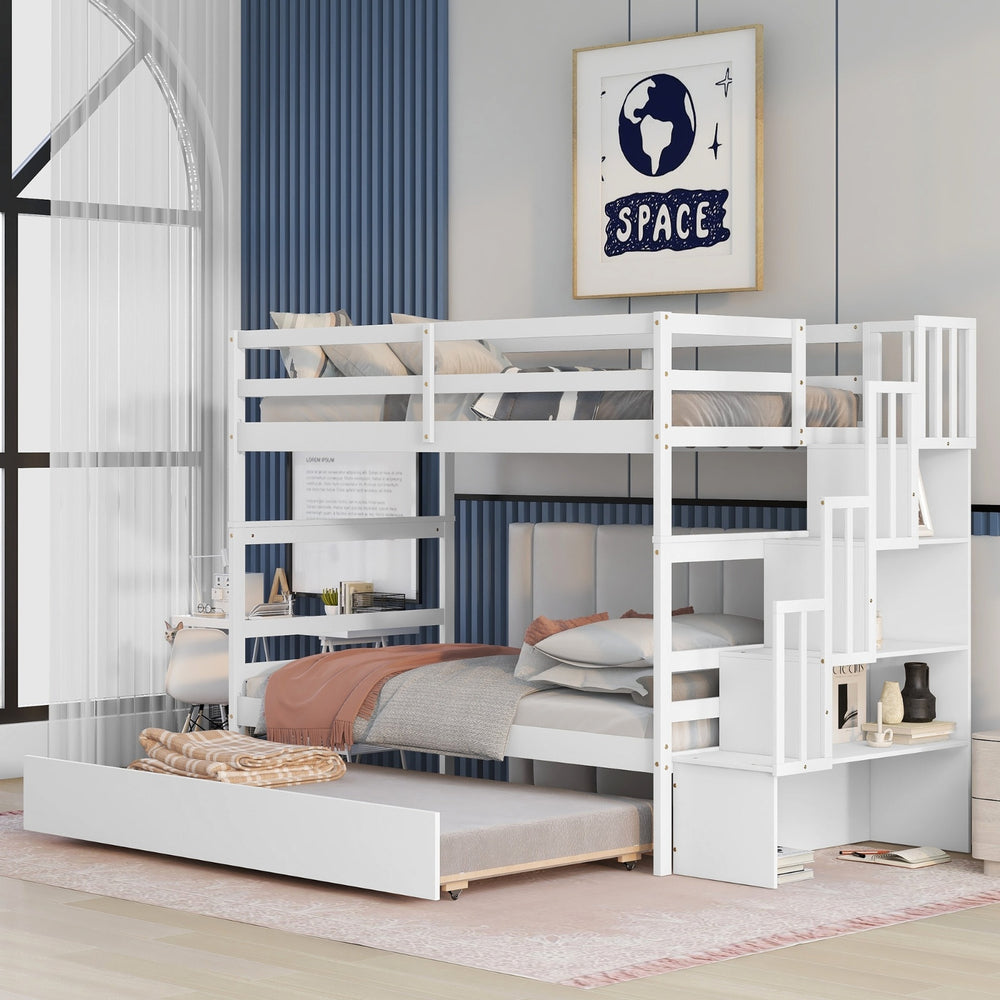 Twin Bunk Beds With Trundle & Stairway Storage In White