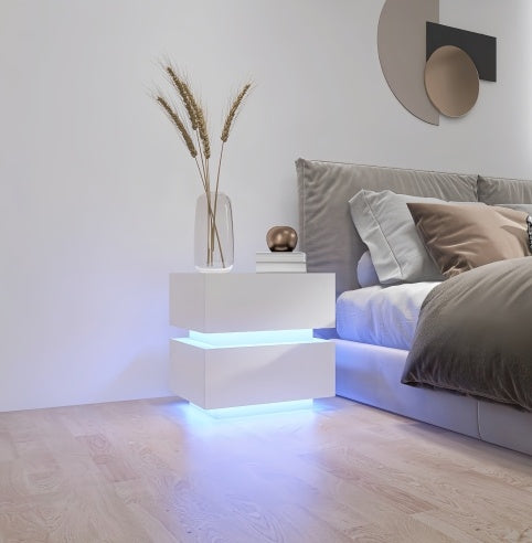White Glossy LED Nightstand with Bluetooth Control – Modern Design for Stylish Bedrooms