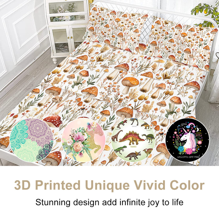 4 Pcs Of Forest Mushroom Natural Style Printed Series Beds, 1 Bedsheet, 1 Bed Sheet, And 2 Pillowcases Bedding, Suitable For All Seasons