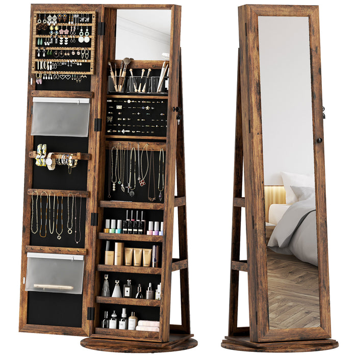 360° Swivel Jewelry Armoire - Rustic Brown Storage for Any Space