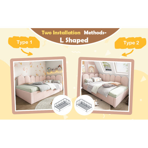 Upholstered Bed Daybed With Pull-Out Bed, 3FT Single Sofa Bed 90X190Cm,Guest Beds For Adults And Children, Bed With Metal Slatted Frame, Velvet, Pink No Mattress