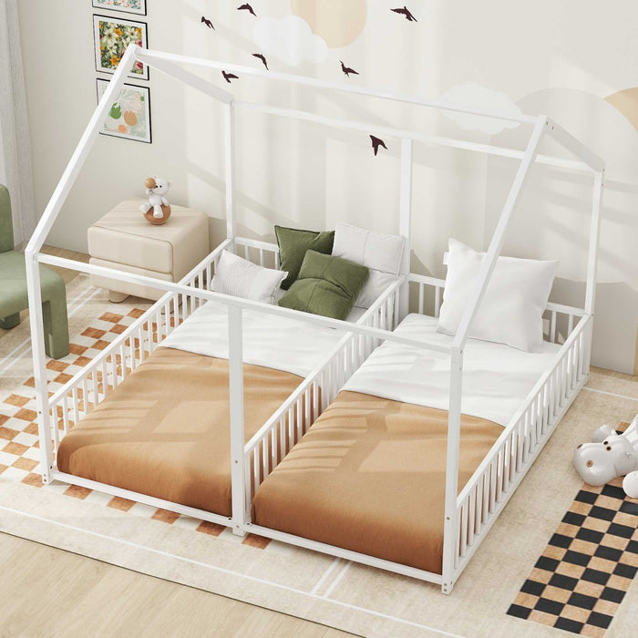 Metal Twin Size House Platform Beds, Two Shared Beds, White