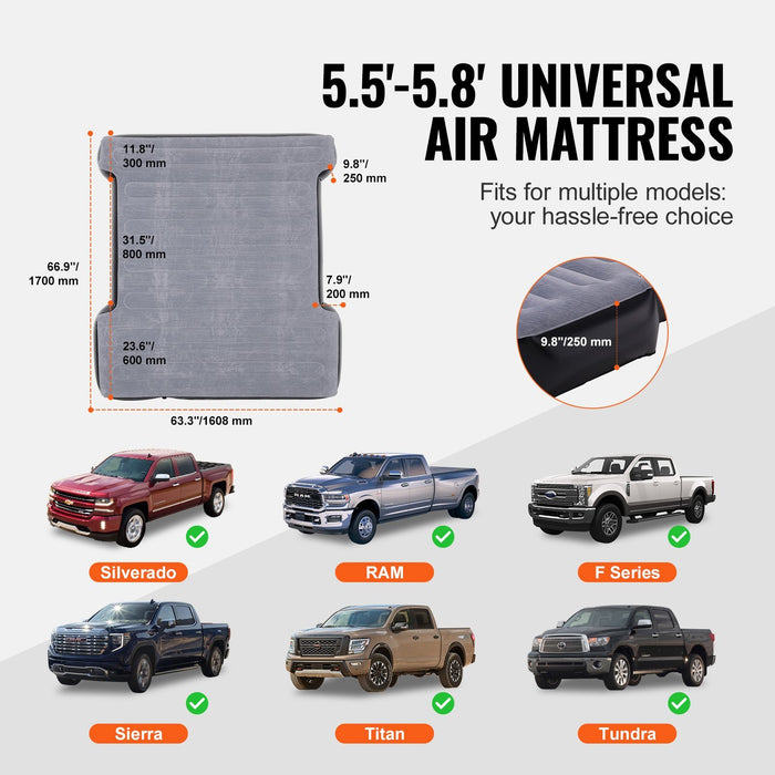 Truck Bed Air Mattress, For 5.5-5.8 Ft Full Size Short Truck Beds, Inflatable Air Mattress Camping Bed With 12V Air  2 Pillows, Carry Bag, For Silverado, RAM, F Series, Sierra, Titan, Tundra