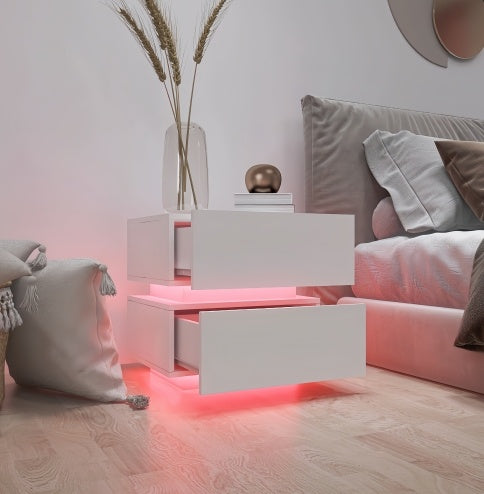 White Glossy LED Nightstand with Bluetooth Control – Modern Design for Stylish Bedrooms