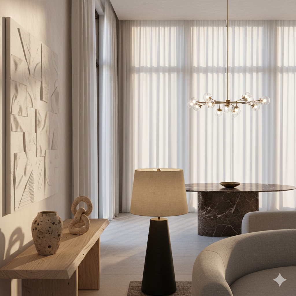 Modern living room with a chandelier, lamp, and decor items.