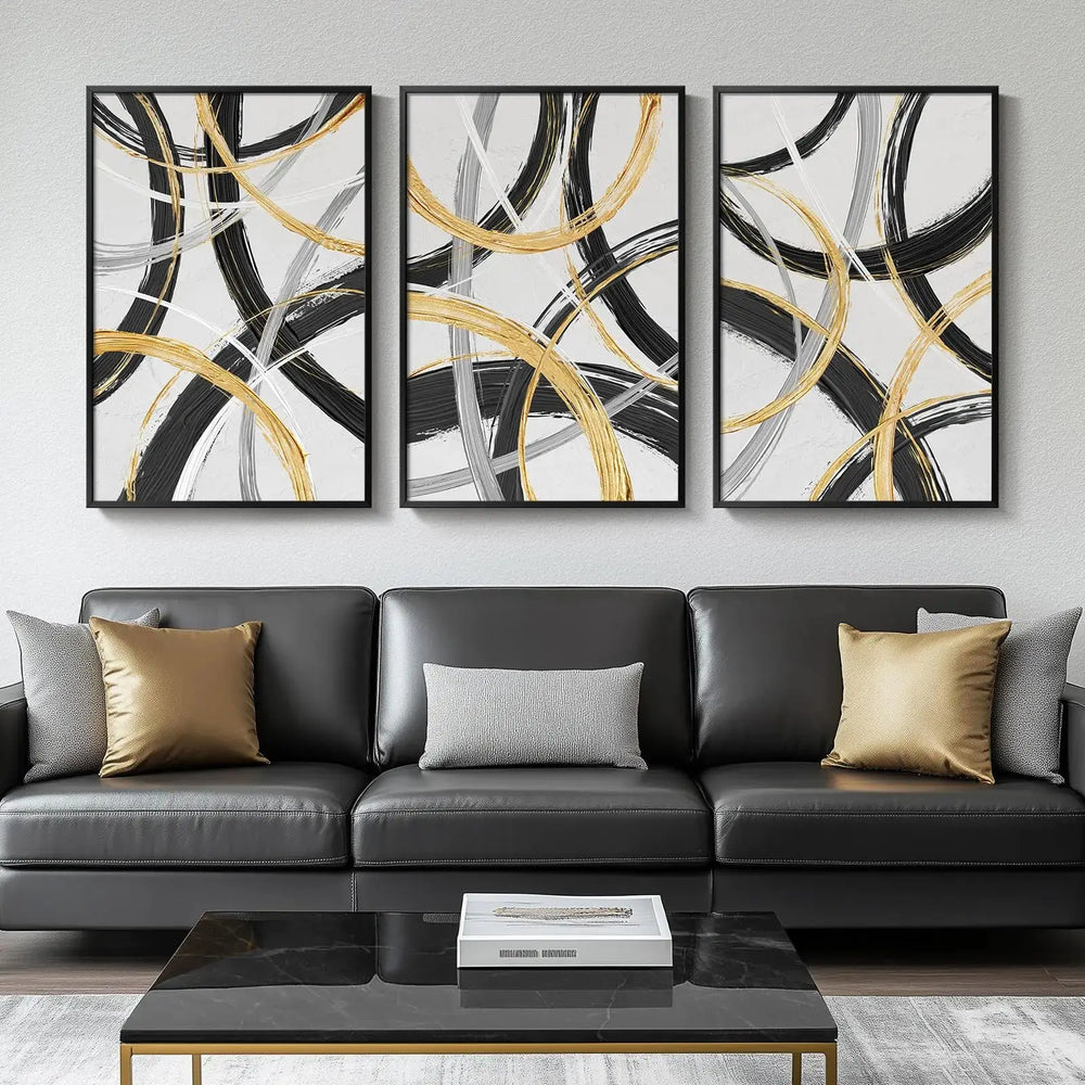 Abstract Trio Framed Art Set - Black, White & Gold 24x36" HomeWares Hub