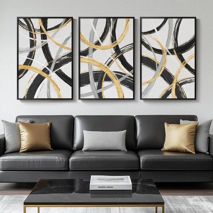 Abstract Trio Framed Art Set - Black, White & Gold 24x36" HomeWares Hub