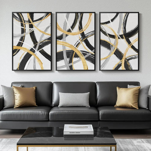 Abstract Trio Framed Art Set - Black, White & Gold 24x36" HomeWares Hub
