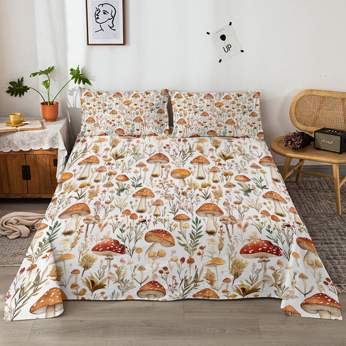 4 Pcs Of Forest Mushroom Natural Style Printed Series Beds, 1 Bedsheet, 1 Bed Sheet, And 2 Pillowcases Bedding, Suitable For All Seasons