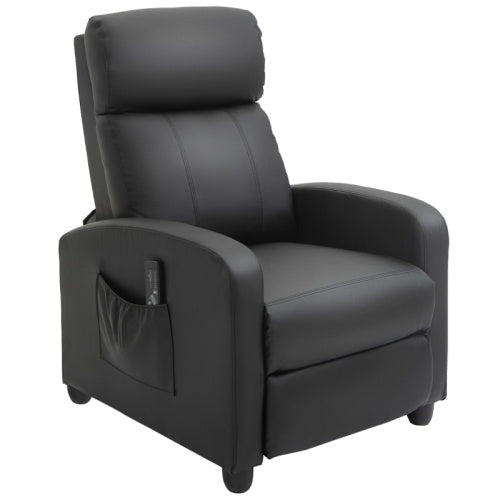 HOMCOM Recliner Armchair, Massage Faux Leather Push Back Reclining Chair With Adjustable Leg Rest, Side Pocket, For Home Living Room Theatre, Black