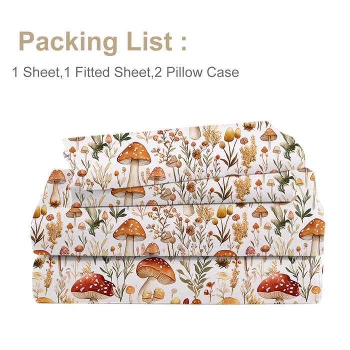 4 Pcs Of Forest Mushroom Natural Style Printed Series Beds, 1 Bedsheet, 1 Bed Sheet, And 2 Pillowcases Bedding, Suitable For All Seasons