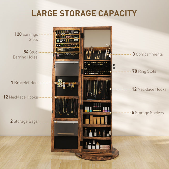 360° Swivel Jewelry Armoire - Rustic Brown Storage for Any Space