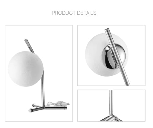 Modern wall lamp with spherical white shade and chrome arm on a white background