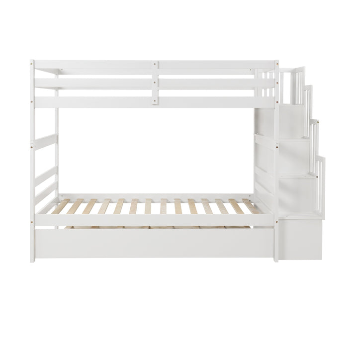 Twin Bunk Beds With Trundle & Stairway Storage In White