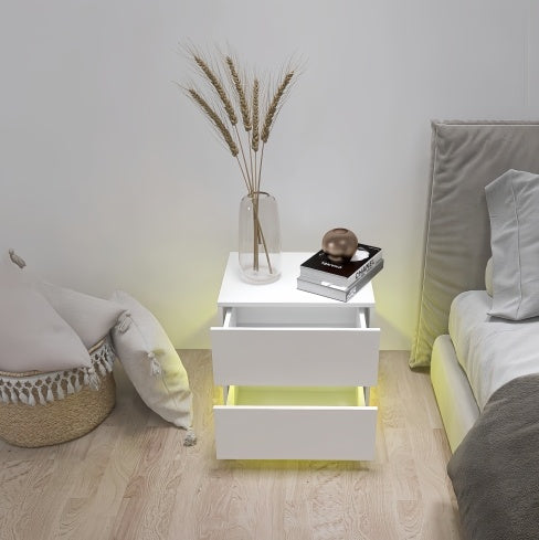 White Glossy LED Nightstand with Bluetooth Control – Modern Design for Stylish Bedrooms