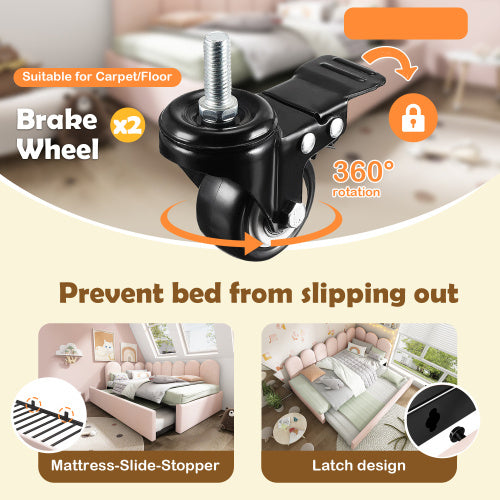 Upholstered Bed Daybed With Pull-Out Bed, 3FT Single Sofa Bed 90X190Cm,Guest Beds For Adults And Children, Bed With Metal Slatted Frame, Velvet, Pink No Mattress